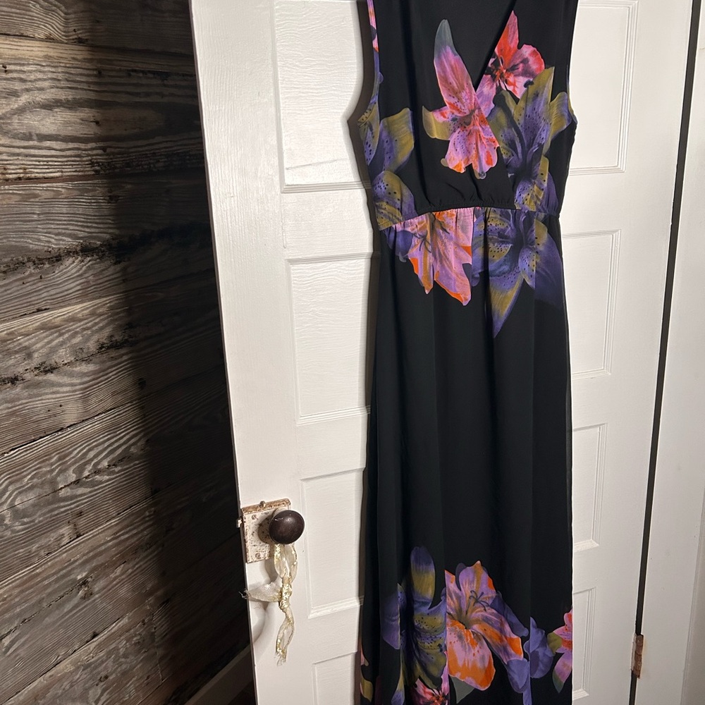 Elegant Floral Maxi Dress in Black with Purple and Orange Accents